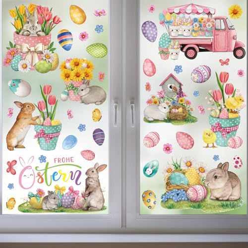 9 Blätter Ostern Fensterbilder Selbstklebend, Fensterdekoration Ostern Wiederverwendbar mit Hasen Ostereier Muster, Fenster Aufkleber Dekorationen für Ostern (B) von Uixxducc