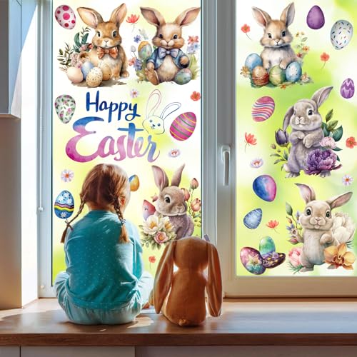 9 Blätter Ostern Fensterbilder Selbstklebend, Fensterdekoration Ostern Wiederverwendbar mit Hasen Ostereier Muster, Fenster Aufkleber Dekorationen für Ostern (C) von Uixxducc