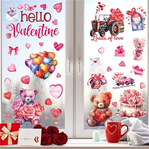 Uixxducc 9 Blätter Valentinstag Fensterbilder Selbstklebend, Fensterdekoration Valentinstag Wiederverwendbar mit Liebe,Bär,Tier Muster, Fenster Aufkleber Dekorationen für Valentinstag (Bär) von Uixxducc