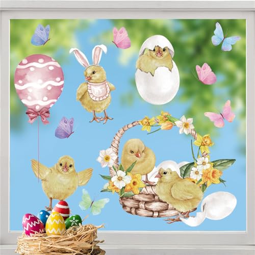 Fensterbilder Ostern Selbstklebend, Ostern Fensteraufkleber Fenstersticker mit Hasen Ostereier Küken, Fenster Aufkleber Dekorationen für Ostern (G) von Uixxducc