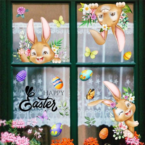 Fenstersticker Ostern Fensterbilder Selbstklebend, Doppelseitig Fenstersticker mit Hasen Ostereier Küken, Fenster Aufkleber Dekorationen für Ostern (02) von Uixxducc