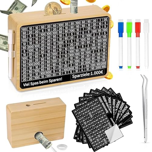 Uixxducc Spardose, Wiederverwendbare Spardose Mit Zähler Spardose 10000 Euro Sparbox, Retro Holzspardose Mit 10 Zielen Für Hilft Erwachsene Und Kindern Die Gewohnheit Zum Sparen Zu (Gold) von Uixxducc