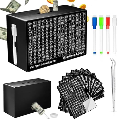 Uixxducc Spardose, Wiederverwendbare Spardose Mit Zähler Spardose 10000 Euro Sparbox, Retro Holzspardose Mit 10 Zielen Für Hilft Erwachsene Und Kindern Die Gewohnheit Zum Sparen Zu (Schwarz) von Uixxducc