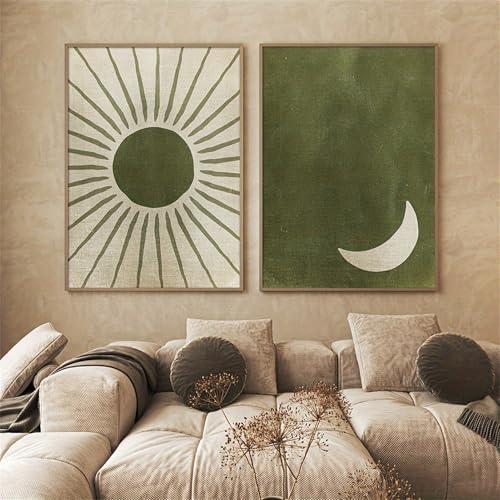 Uixxducc 2er Ästhetik Poster Set, Grüner Sonne und Mond Wandbilder Wohnzimmer, Boho Bilder Deko Wanddeko ür Flur Wohnzimmer Schlafzimme ohne Rahmen (21x30cm) von Uixxducc