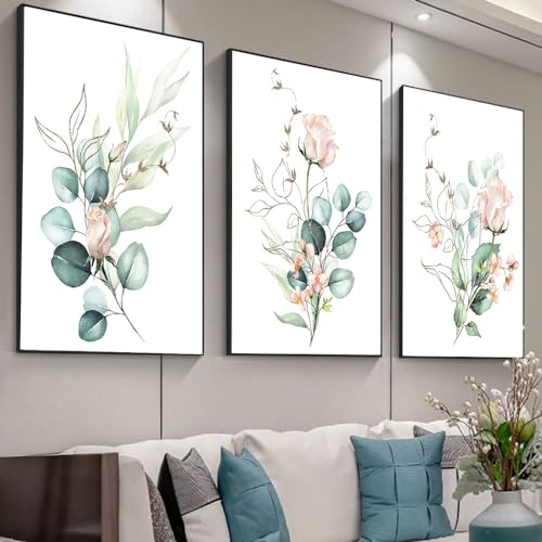 Uixxducc 3 Stück Poster Set Bilder Wohnzimmer, Moderne Aquarell Pflanzen Blumen Bilder Poster & Kunstdrucke, Frühling Bilder Leinwand Wandbilder für Wohnzimmer Schlafzimmer, Ohne Rahmen (50x70cm,ABC) von Uixxducc