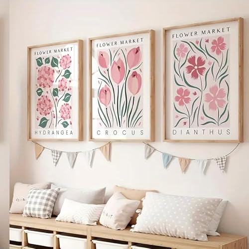 Uixxducc 3Pcs FLOWER MARKET Poster Set, Vintage Rosa Blumen Bilder Poster & Kunstdrucke, Wandbilder Ohne Rahmen, Aesthetic Wanddeko für Wohnzimmer, Schlafzimmer, Esszimmer (30x40cm,ABC) von Uixxducc