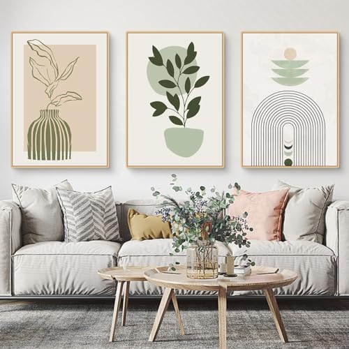 Uixxducc 3er Boho Bilder Set, Abstrakte Boho Strichzeichnung Pflanze Poster Set, Grüne Blätter Wandbilder Wohnzimmer Moderne Boho Wanddekoration Bilder, Ohne Rahmen (C,40x50cm) von Uixxducc