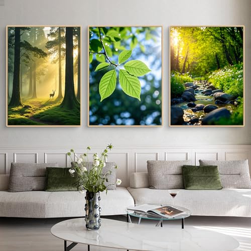 Uixxducc 3er Frühling Waldlandschaft Poster Set, Aesthetic Spring Grüne Bäume, Fließendes Wasser Bilder -Frühling Wandbilder Wohnzimmer Deko für Flur Schlafzimmer - ohne Rahmen (50x70cm) von Uixxducc