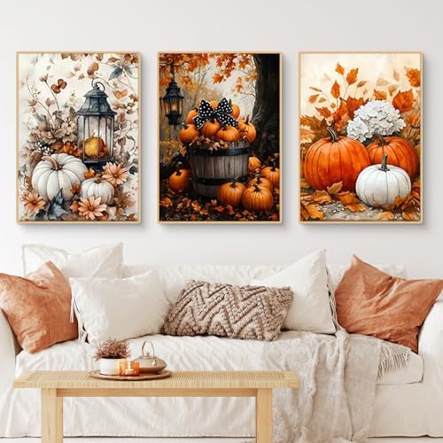 Uixxducc 3er Herbst Bilder Set Kürbis Poster Set, Aesthetic Herbst Kürbis Wandbilder Wohnzimmer, ohne Rahmen, Herbstlandschaften Wanddeko für Schlafzimmer (40x50cm,B) von Uixxducc