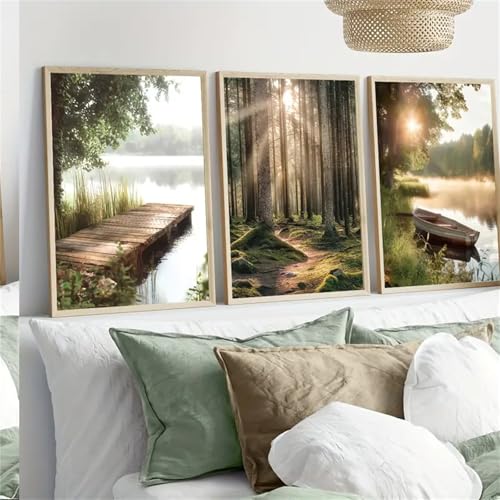 Uixxducc 3er Poster Set, Natürliche Landschaft Bilder Set, Sonnenschein See Wald Berg Boot Poster & Kunstdrucke Wandbilder, Bilder Wohnzimmer Deko Schlafzimmer, Ohne Rahmen (50x70cm,ABC) von Uixxducc