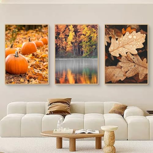 3er Poster Set Moderne Aesthetic Goldener Herbst Kürbis Bilder Deko Bilder,Herbst Landschaft Kunst Wandbilder Bohemian Poster Set,Ohne Rahmen (A,21x30cm) von Uixxducc