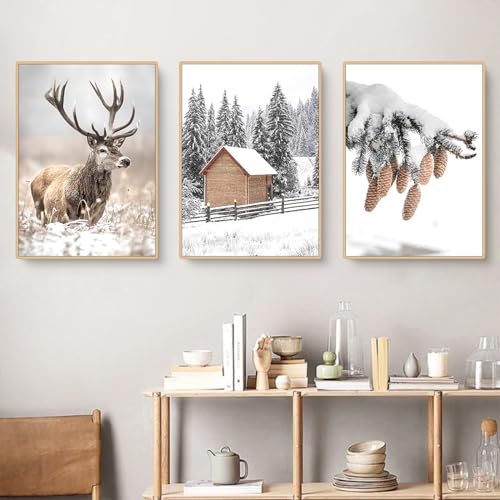 Uixxducc 3er Premium Poster Set, Modern Winter-Elch-Holzhaus Bilder,Ohne Rahmen Print Kunstposter,Wandbilder für Wohnzimmer Schlafzimmer (B,50x70cm) von Uixxducc