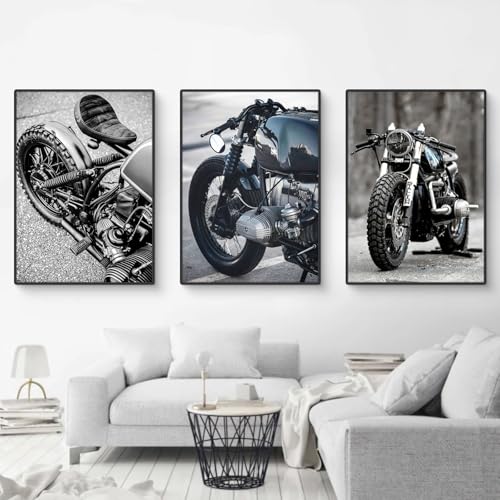 Uixxducc 3er Premium Poster Set, Moderne Schwarz-Weiß Motorrad Bilder Poster & Kunstdrucke Wandbilder, Wohnzimmer Deko Schlafzimmer Büro Kinderzimmer, Ohne Bilderrahmen (50x70cm,DEF) von Uixxducc