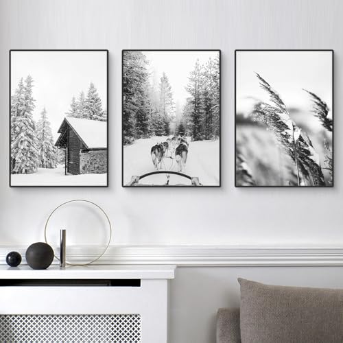 Uixxducc 3er Schwarz-weiß Winter Poster Set - Premium Elch Kiefer Leinwandbilder Winter Deko & Wand Bilder, Ohne Rahmen - Wanddeko Für Wohn- Und Schlafzimmer (B,30 x 40 cm) von Uixxducc