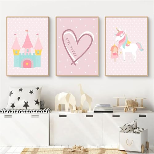 Uixxducc 3er Set Bilder Kinderzimmer Mädchen Poster Kinderzimmer Deko, Regenbogen, Blumen, Liebe und Schloss Wandbilder Babyzimmer Deko, OHNE Rahmen (C,40x50cm) von Uixxducc