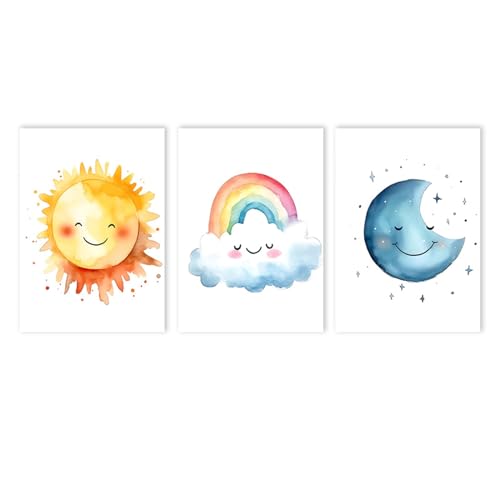 Uixxducc 3er Set Wandbilder Kinderzimmer Babyzimmer Poster, Regenbogen Sonne Mond, Bilder Mädchen Jungen Boho Deko Dekoration (30x40cm) von Uixxducc