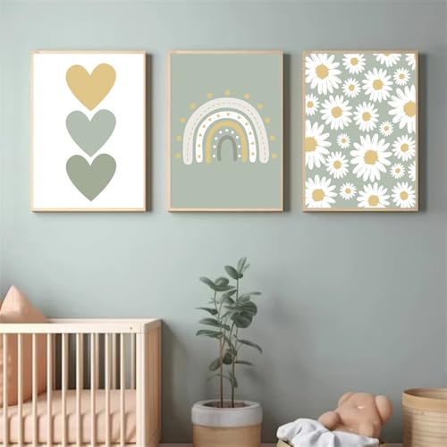 Uixxducc 3er Set Wandbilder Kinderzimmer Babyzimmer Poster,Regenbogen Liebevollund Blumen,Bilder DIN A4 Mädchen Jungen Boho Deko Dekoration (Grün) von Uixxducc