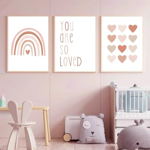 Uixxducc 3er Set Wandbilder Kinderzimmer Babyzimmer Poster,Regenbogen Liebevollund Blumen,Bilder DIN A4 Mädchen Jungen Boho Deko Dekoration (Rosa) von Uixxducc