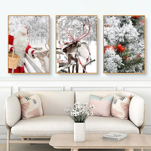 Uixxducc 3er Weihnachts-Poster Set, Winter Bilder, Elch, Holzhaus, Wald Wandkunst Wandbilder Modern Wanddeko für Wohnkultur, Ohne Rahmen (A,30x40cm) von Uixxducc