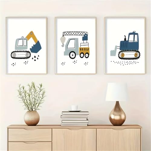 Uixxducc Bilder Kinderzimmer 3er Set Poster Cartoon Kran Bagger Wandbilder Deko Bilder Kinderzimmer Jungen Babyzimmer Deko Poster Kunstdrucke Ohne Rahmen (21x30 cm) von Uixxducc