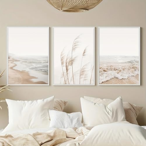 Uixxducc Bilder Wohnzimmer Poster 3er Set Boho Landschaft Pampasgras Wandbilder Aesthetic Warm Wanddeko Leinwandbilder Ohne Rahmen Kunstposter (50 x 70 cm) von Uixxducc