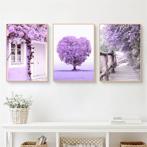 Uixxducc Premium Wandbilder 3er Set Poster Lila Lavendel Liebesbaum Aesthetic Bilder Wohnzimmer Deko Schlafzimmer Wanddeko Kunstdruck Leinwandbild ohne Rahmen (21x30cm,B) von Uixxducc