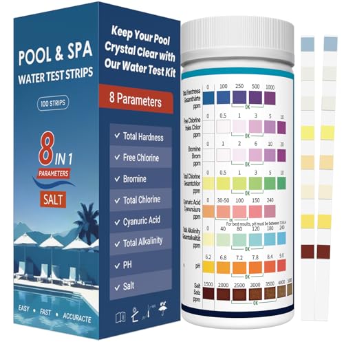 Ujaxjaxi 8 in 1 Pool Teststreifen Schnell Pool Salzgehalt Messen Genauer Pool Wassertester für Salz, pH, Chlor, Cyanursäure, Härte, Brom Pool Tester Poolzubehör für Schwimmbäder, SPA, Whirlpool von Ujaxjaxi
