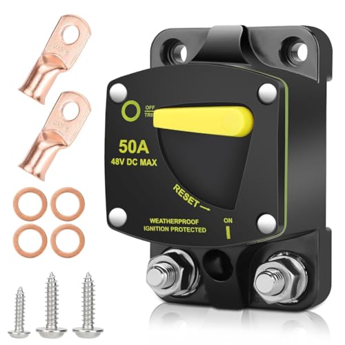 Ujjdwiurgh 50-A-Leistungsschalter mit Manuellem Reset-Schalter, DC 12¨C48 V, Hohe Stromst?rke, mit Kabelschuhen, Kupfer-Unterlegscheibe f¨¹r Autoradio, Wohnmobil, Marine, Einfach zu Bedienen von Ujjdwiurgh