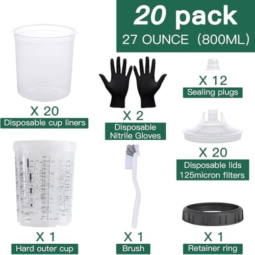 Ujjdwiurgh Einweg-Farbmischbecher-Set f¨¹r Autolackierpistolen-HVLP-Spritzpistolen, 27 Unzen (800 Ml) Standard-Set, 20 Bechereinlagen, 20 Deckel von Ujjdwiurgh