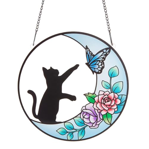 Ujjdwiurgh Mondkatze, Bemalte Buntglasplatten, Sonnenfänger, Acryl-Wandbehang, Ornament für Schlafzimmer, Wohnzimmer, Balkon, Einfach zu Verwenden, 16 cm von Ujjdwiurgh