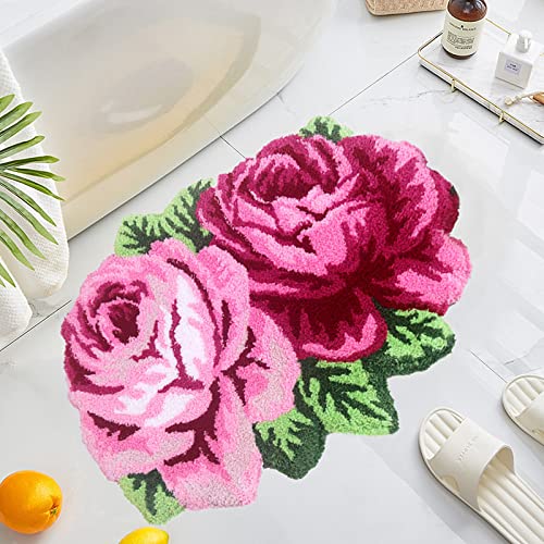 UKELER Rosa Rose Badteppiche für Badezimmer, rutschfest, saugfähig, Küchenteppich, zottelig, weiche Blumenbereich, Teppiche für Mädchen, Schlafzimmer, 60 x 60 cm von Ukeler