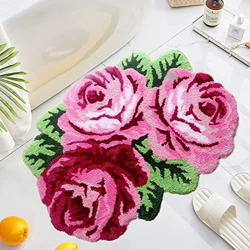 UKELER Rosa Rose Blumenbereich Teppiche 80 x 60 cm Blumen-Badteppich rutschfest, maschinenwaschbar, Badematten für Badezimmer von Ukeler