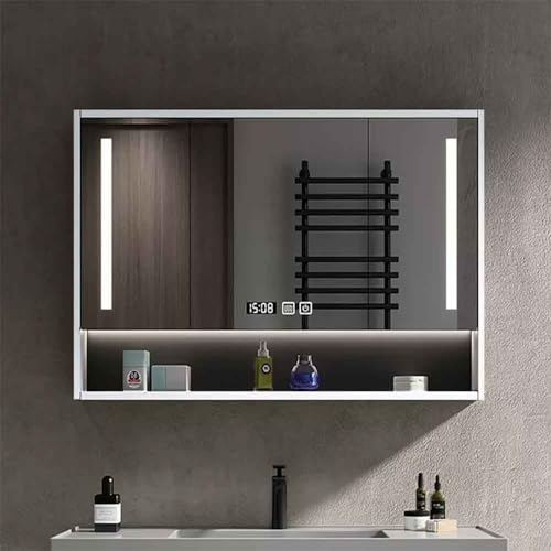 UkewEi Beleuchtet Spiegelschrank Bad 80cm Wandschrank Modern 3 Farben Intelligenter Kosmetikspiegel mit Stauraum LED-Uhr Antibeschlag (Size : 90CM) von UkewEi