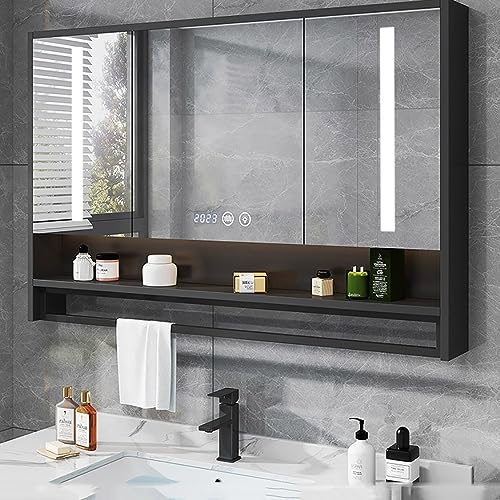 UkewEi Rechteckig Spiegelschrank Bad mit Beleuchtet, 90 * 80CM Antibeschlag Wandbefestigung Badezimmerschrank, Touch-Schalter, 3 türig (Color : A, Size : 80CM) von UkewEi