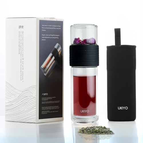 Ukiyo Sense Premium doppelwandige Glasflasche für Tee und Obst – Reisebecher mit Edelstahlfilter und Neoprenhülle von Ukiyo Sense