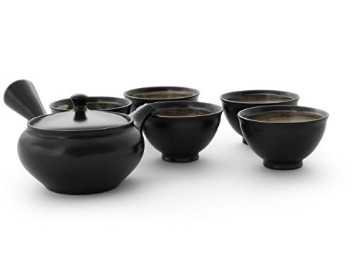 Original japanische Teekanne, Kyusu, mit 5 Becher: Kuro Hiramaru. Integriertes Tee-Sieb aus Edelstahl. Echt japanisches Tee-Set aus natürlichem Tokoname-Ton in schöner Geschenk-Box von Ukou