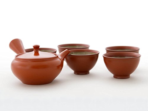 Original japanische Teekanne, Kyusu, mit 5 Becher: Shu Hiramaru. Integriertes Tee-Sieb aus Edelstahl. Echt japanisches Tee-Set aus natürlichem Tokoname-Ton in schöner Geschenk-Box von Ukou