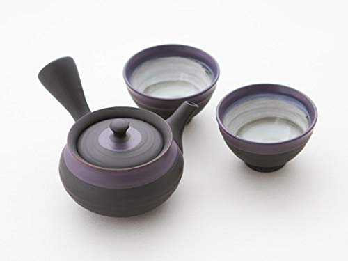 Ukou Original japanische Teekanne, Kyusu, mit 2 Becher: SHU Hira Murasakinakaobi. Integriertes Tee-Sieb aus Edelstahl. Echt Japanisches Tee-Set aus natürlichem Tokoname-Ton in schöner Geschenk-Box von Ukou