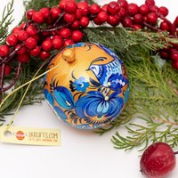 Goldene Weihnachtskugel Aus Holz Mit Vogel-Motiv Handbemalt, Hochwertige Christbaumkugeln | Handgemachte Weihnachtsbaumkugeln, Volkskunst von UkrGiftsShop