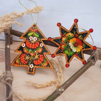 Weihnachtsstern Und Tannenbaum Christbaumschmuck Set Aus Holz Handbemalt Mit Blumenmuster Der Petrykiwka-Malerei Folk Art Weihnachtsschmuck Weihnachtsstern Und Tannenbaum Christbaumschmuck Set Aus Holz Handbemalt Mit Blumenmuster Der Petrykiwka-Malerei Folk Art Weihnachtsschmuck von UkrGiftsShop