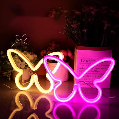 Ulalaza 2 Stück LED-Neonlichtschild, Schmetterlings-Neonschilder, Nachtlichter für Zuhause, für Kinderzimmer, dekorative Lampen, Wandkunst, romantisches Weihnachts- und Geburtstagsgeschenk von Ulalaza
