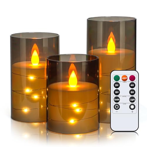 LED Kerzen Flackernde Flamme mit Fernbedienung und Timerfunktion, Grau Acryl Flammenlose Elektrische Kerzen mit eingebetteten Lichterketten, 3er-Set von Ulanox