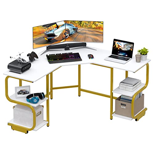 Ulifance L-förmiger Eckschreibtisch mit 4 Reifenregalen, Gaming Schreibtisch mit großem Desktop Bürotisch Computertisch PC Tisch für das Heimbüro Weiß von Ulifance