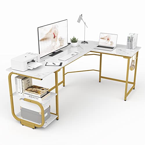 Ulifance L-förmiger Schreibtisch mit Regalen, Umkehrbarer Eckschreibtisch Gaming Schreibtisch mit Kopfhörerhaken Computertisch Laptop PC Tisch für das Heimbüro Groß, Weiß von Ulifance