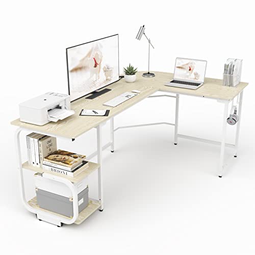 Ulifance L-förmiger Schreibtisch mit Regalen, Umkehrbarer Eckschreibtisch Gaming Schreibtisch mit Kopfhörerhaken Computertisch Laptop PC Tisch für das Heimbüro Groß，Beige von Ulifance