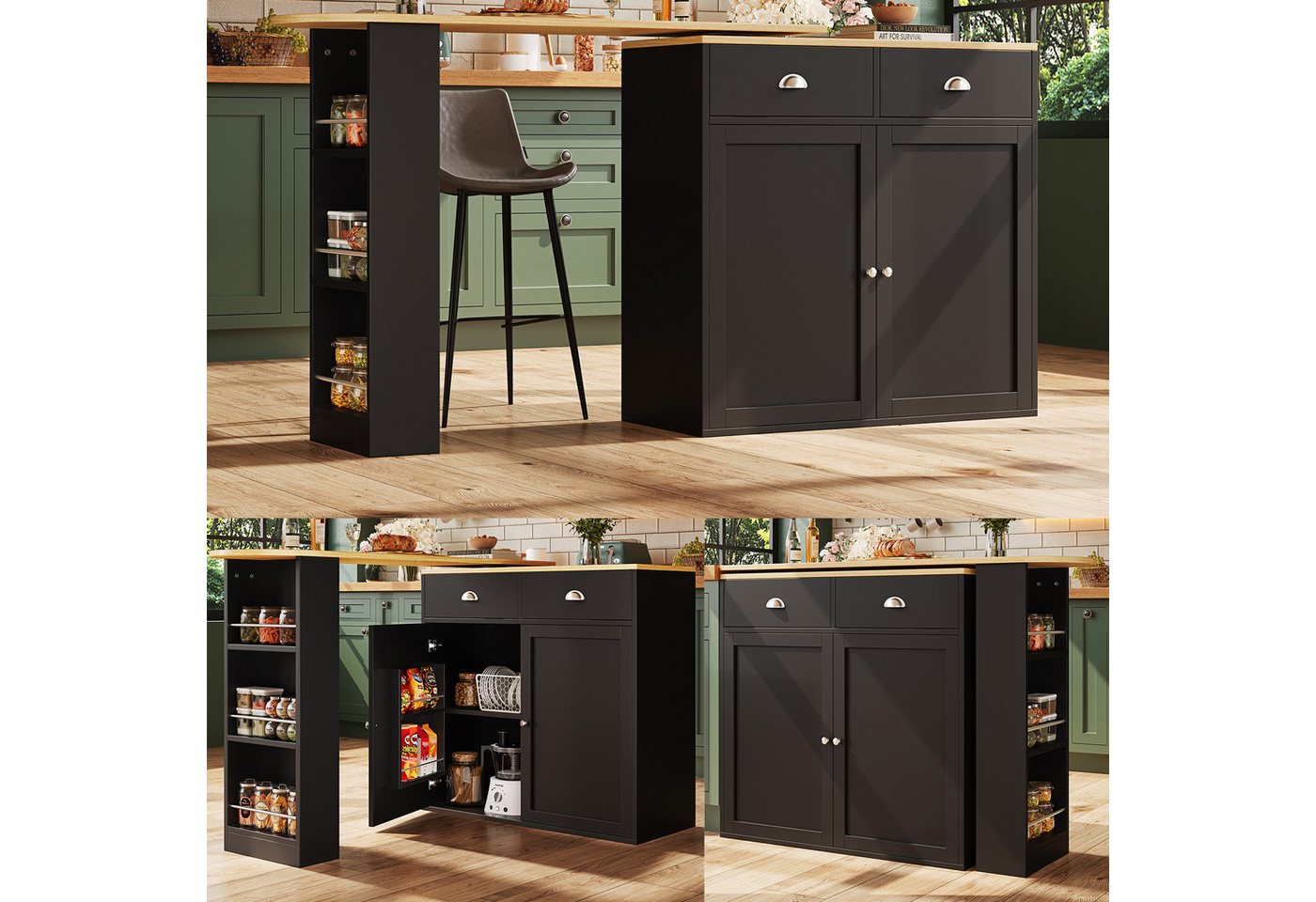 Ulife Bartisch 360° drehbare Essbar mit Ausziehbarer Länge, 138-203x39x105 cm, Sideboardschrank mit 2 Schubladen, 2 Türen, Seitenregalen von Ulife