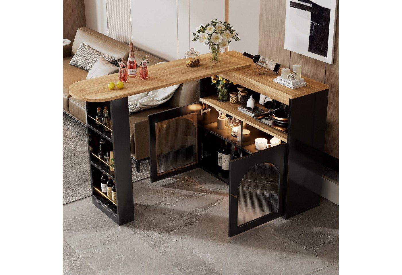 Ulife Bartisch ausziehbar, 360° drehbar, mit LED Beleuchtung, viel Stauraum, 138-193 cm×39×105cm von Ulife