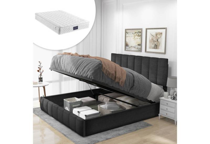 Ulife Boxspringbett graues und hydraulisches Doppelbett mit großem Stauraum, 140x200cm (1-St., Mit Matratze), verstellbares Kopfteil, Lattenrost aus Metallrahmen, Leinenmaterial von Ulife