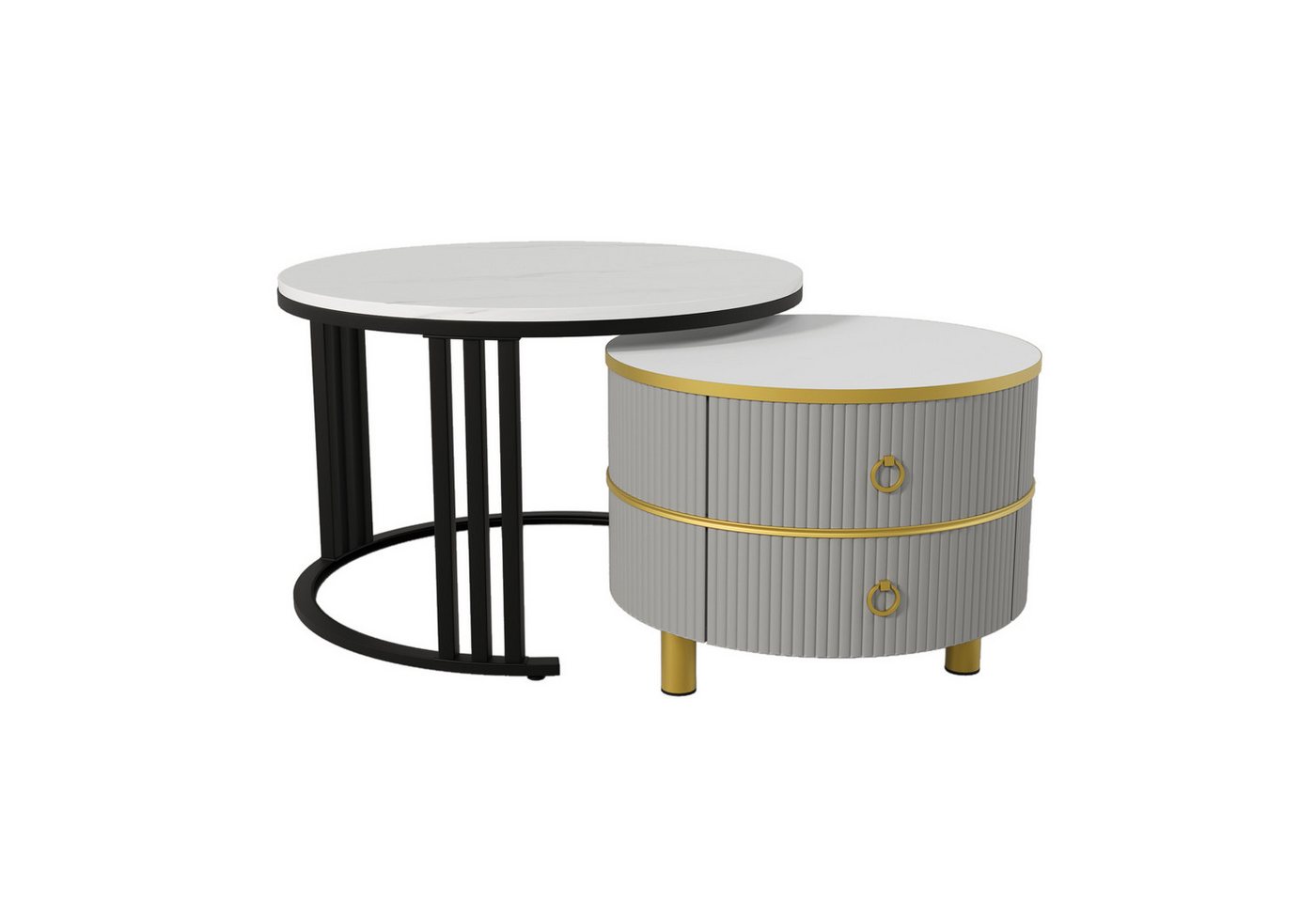 Ulife Couchtisch 2-in-1 runder Beistelltisch mit 2 Schubladen (2-St., 2er Set), Tisch 1: Φ70cm, Glas Braune Tischplatte, Tisch 2: Φ50cm, Grau+Weiß von Ulife