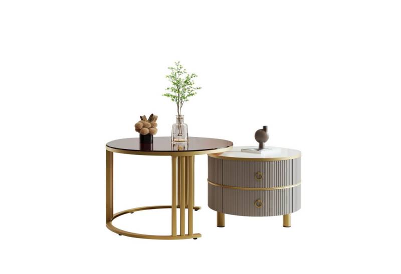 Ulife Couchtisch 2-in-1 runder Beistelltisch mit 2 Schubladen (2-St), Tisch 1: Φ70cm, Glas Braune Tischplatte, Tisch 2: Φ50cm, Grau+Weiß von Ulife